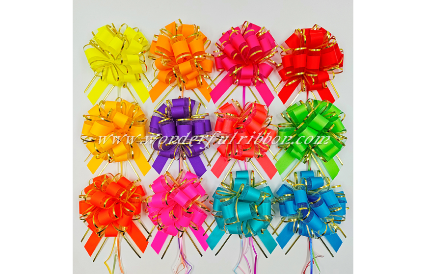 Lazo de tirar de pompones de organza con ribete de oro de color fluorescente
